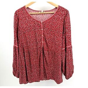 Max‎ Studio Plus Size 3X Floral Boho Peasant Blouse Red Ditsy Print Long Sleeve